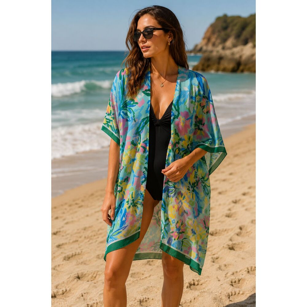 Floral Watercolor Kimono Cover-Up in Green, Blue & Pink Handkerchief One Size